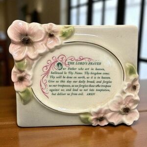 Vintage Pink and Cream Floral Ceramic Lord's Prayer Plaque